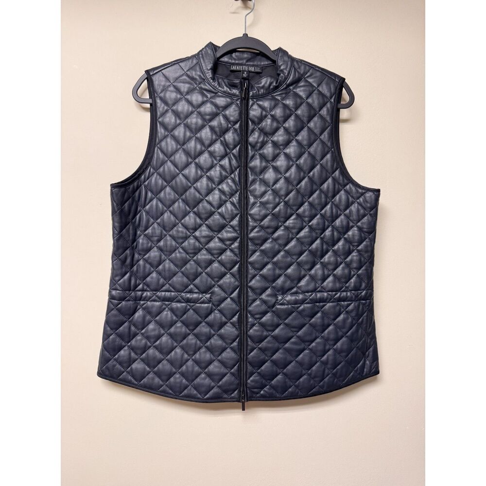 LAFAYETTE 148 Diamond Quilted Genuine Lamb Leather Zip Front Vest, Black, Sz 14
